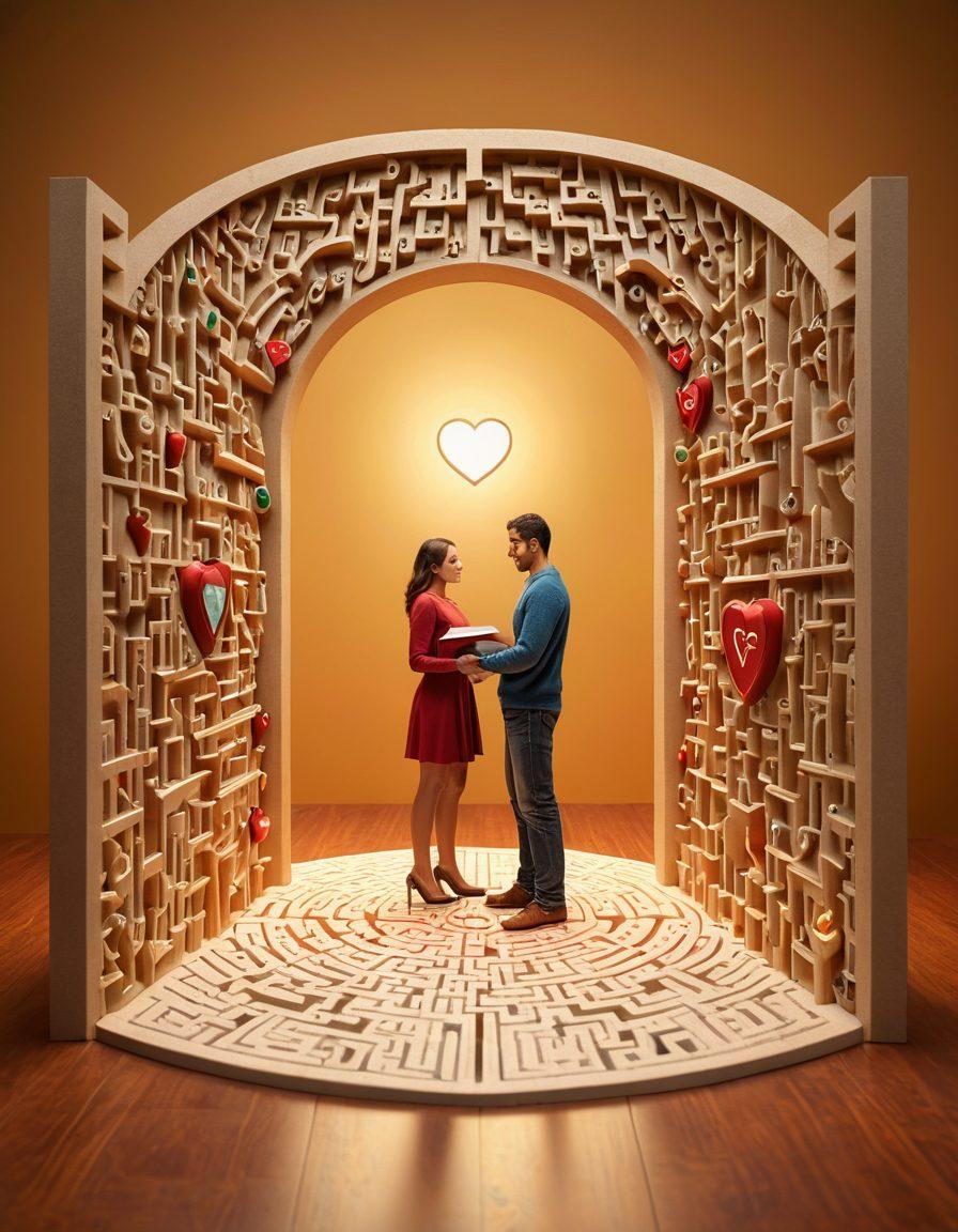 A loving couple standing at the center of an intricate maze made up of insurance documents and symbols like shields, hearts, and policy papers. The maze should be bathed in warm, comforting colors to evoke feelings of love and security. Around the couple, soft light illuminates the path they are taking, symbolizing guidance and protection. The background features a subtle blend of home elements reflecting safety, such as a small house and family photos. super-realistic. warm colors. cozy atmosphere.
