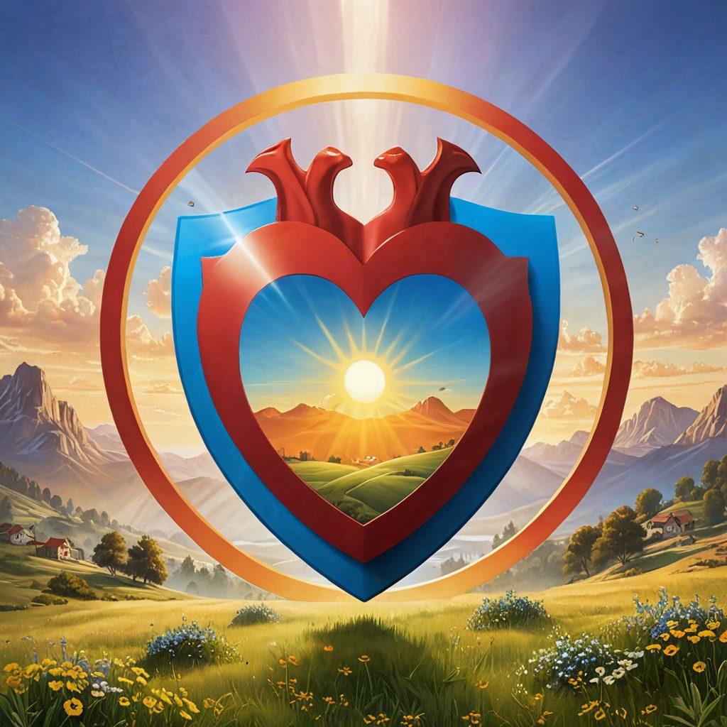 A heart encased in a shield symbolizing protection, surrounded by diverse icons representing different relationships like family, friends, and pets. The background features a serene landscape to evoke safety and security. Include rays of sunlight illuminating the scene to add warmth and positivity. super-realistic. vibrant colors. soft gradient background.