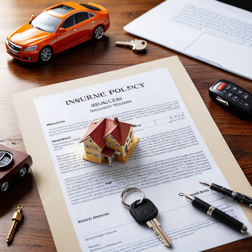 A beautifully crafted insurance policy document displayed on a desk, surrounded by everyday objects symbolizing various bonds such as a family photo, a car key, and a house model. In the background, a soft gradient representing safety and security, with warm light illuminating the scene. The overall composition conveys a sense of protection and care. super-realistic. warm colors. soft focus.